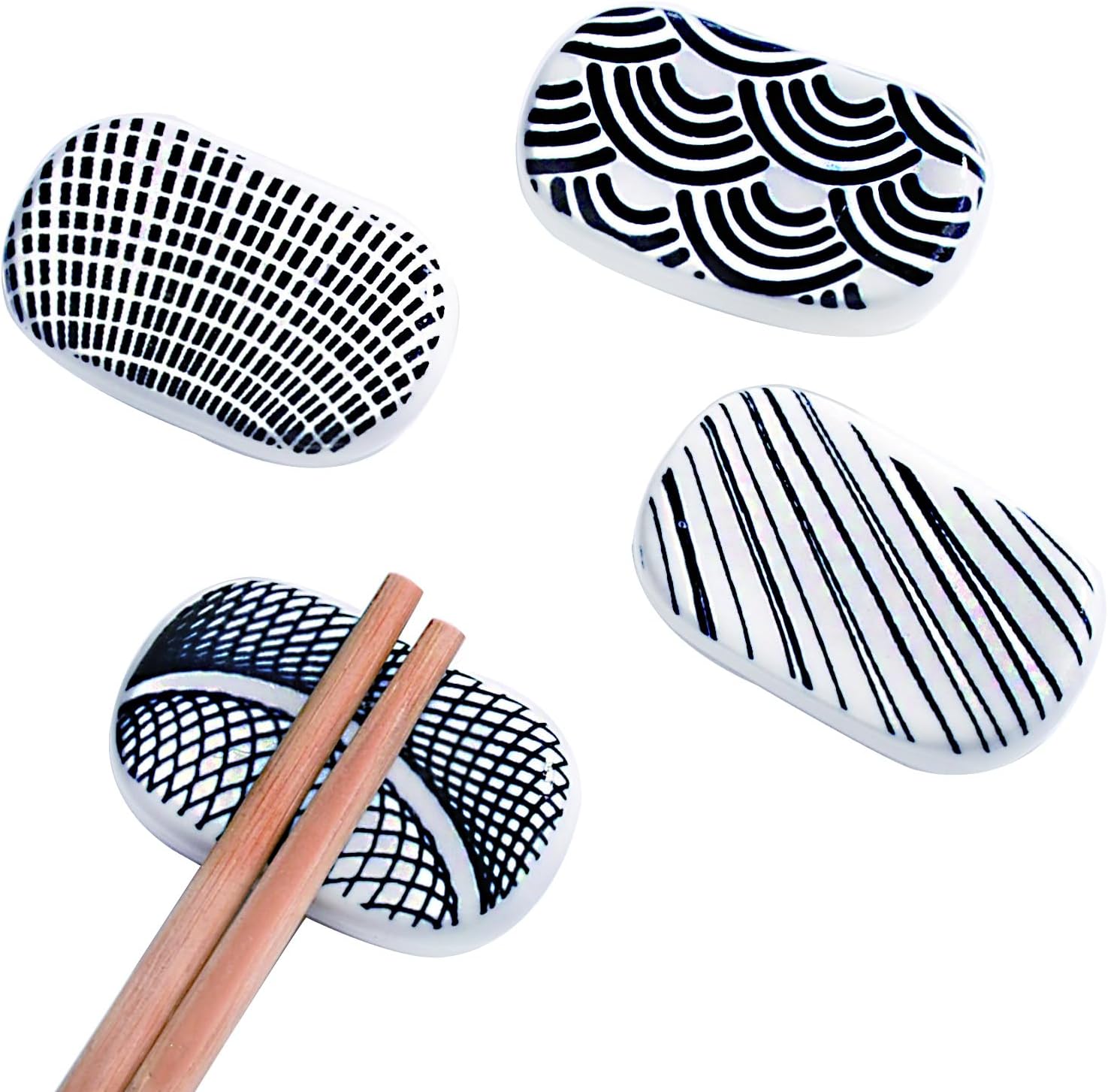 4-Piece Ceramic Chopstick Rest Set, Japanese Style Black and White Geometric Pattern Chopstick Holders Porcelain Tabletop Spoon Fork Rest for Home Kitchen and Dining Table