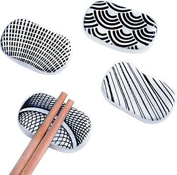 4-Piece Ceramic Chopstick Rest Set, Japanese Style Black and White Geometric Pattern Chopstick Holders for Home Kitchen and Dining Table
