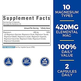 Vitalibre 10 in 1 Magnesium Complex, 420mg Elemental Magnesium | Ultra Strength, Max Absorption | Chelated Magnesium Supplement for Sleep, Nerves & Heart Health | Non-GMO, 90 Vegan Capsules
