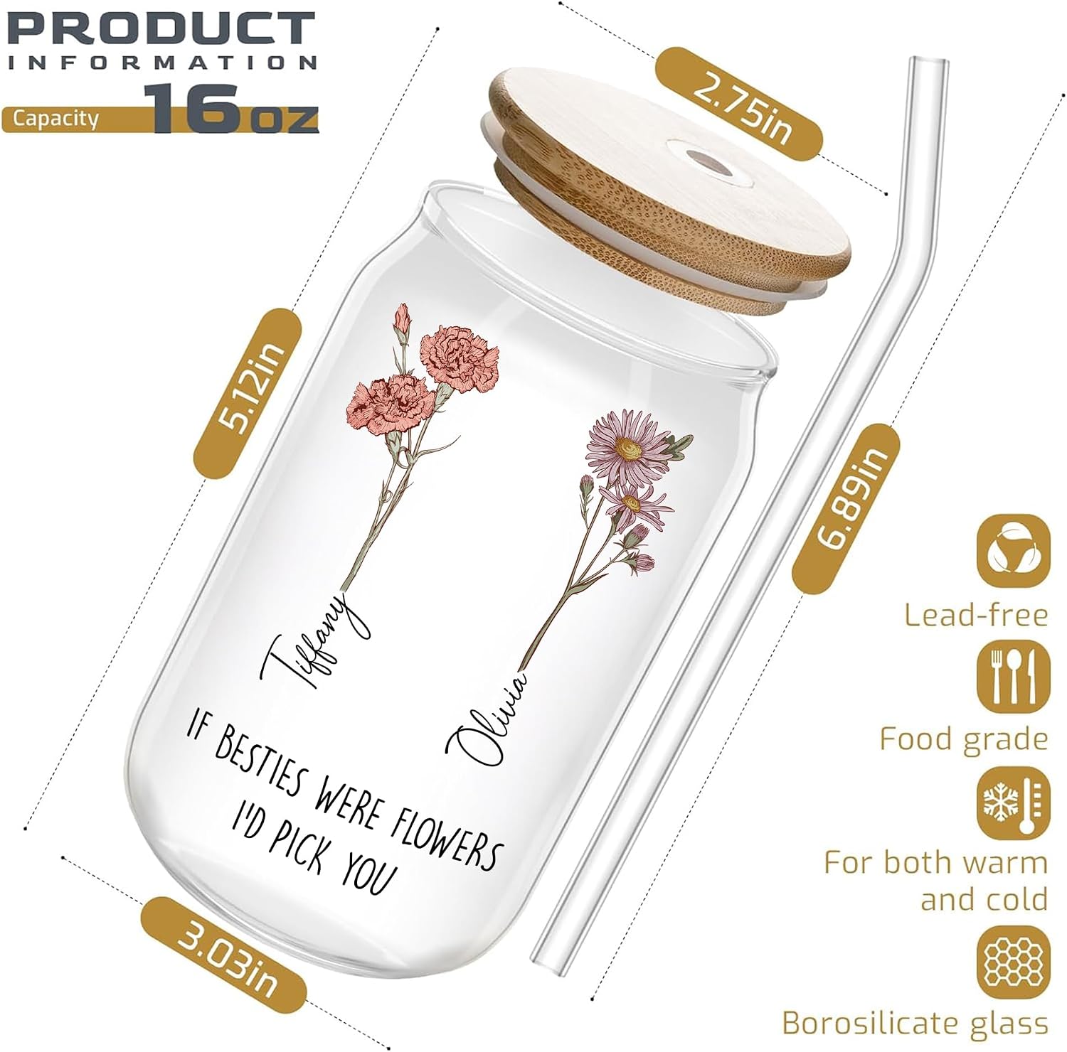 Gossby Personalized Best Friend Glass Coffee Tumbler - If Besties Were Flowers I'd Pick You - Custom Christmas Birthday Friendship Gifts For Women, Sister, Coworker - Bestie Gifts - 2 BFFs - Ver 2