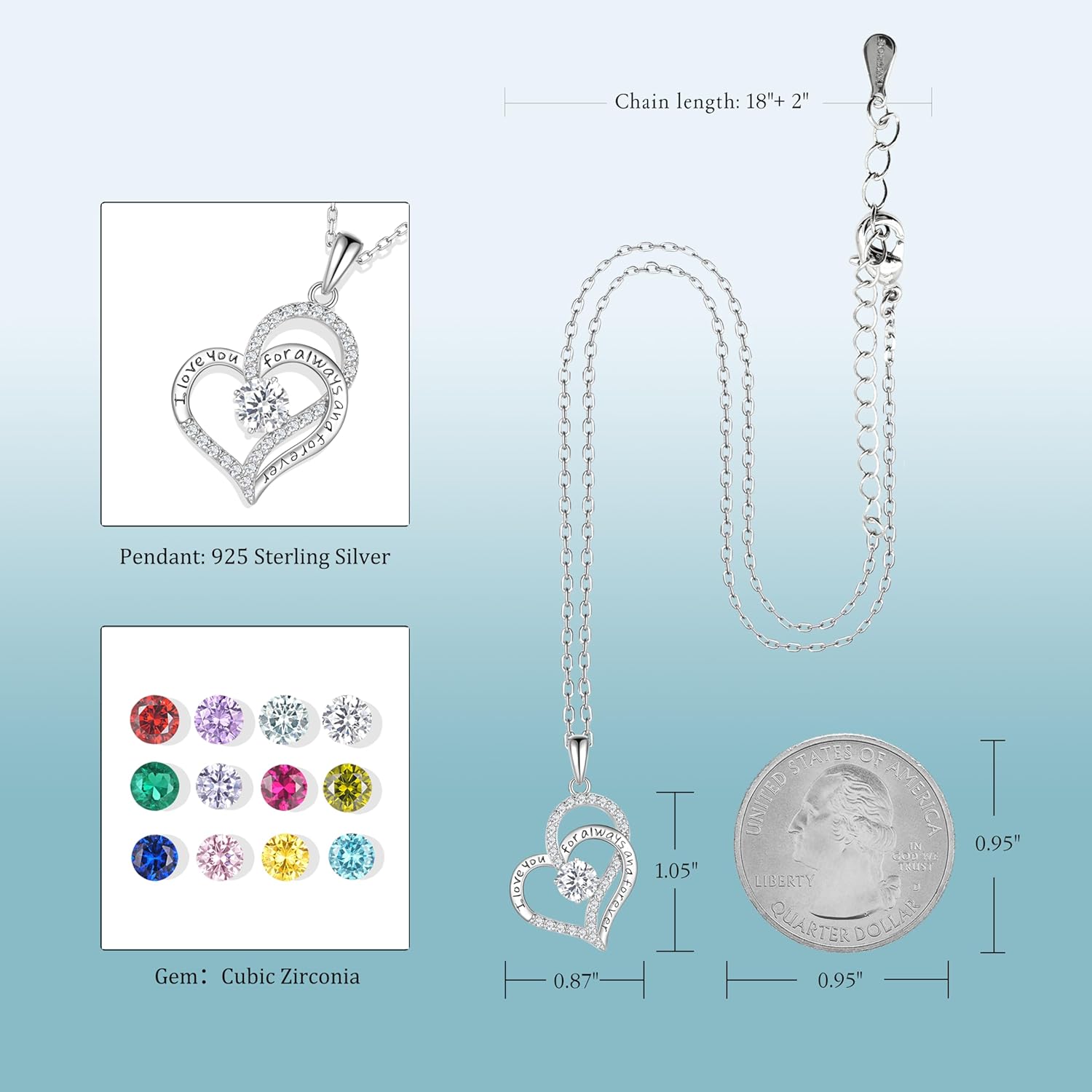 Birthday Gifts Double Heart Birthstone Necklace for Women, S925 Sterling Silver Pendant Necklace Jewelry for Her Mother Mom Wife Girlfriend - Image 2