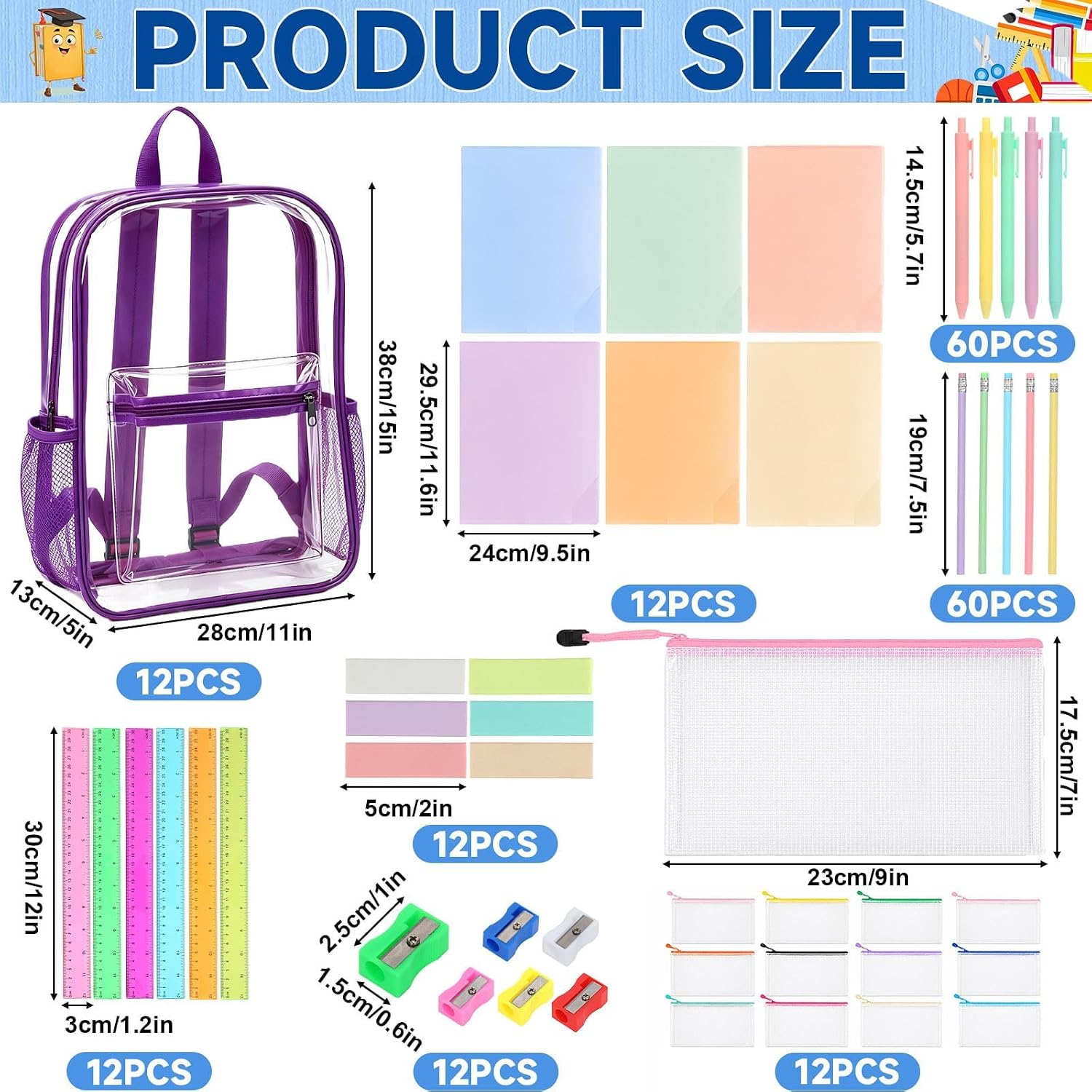 192Pcs Clear Backpacks Bulk with School Supplies12 Set PVC Transparent bags image 2