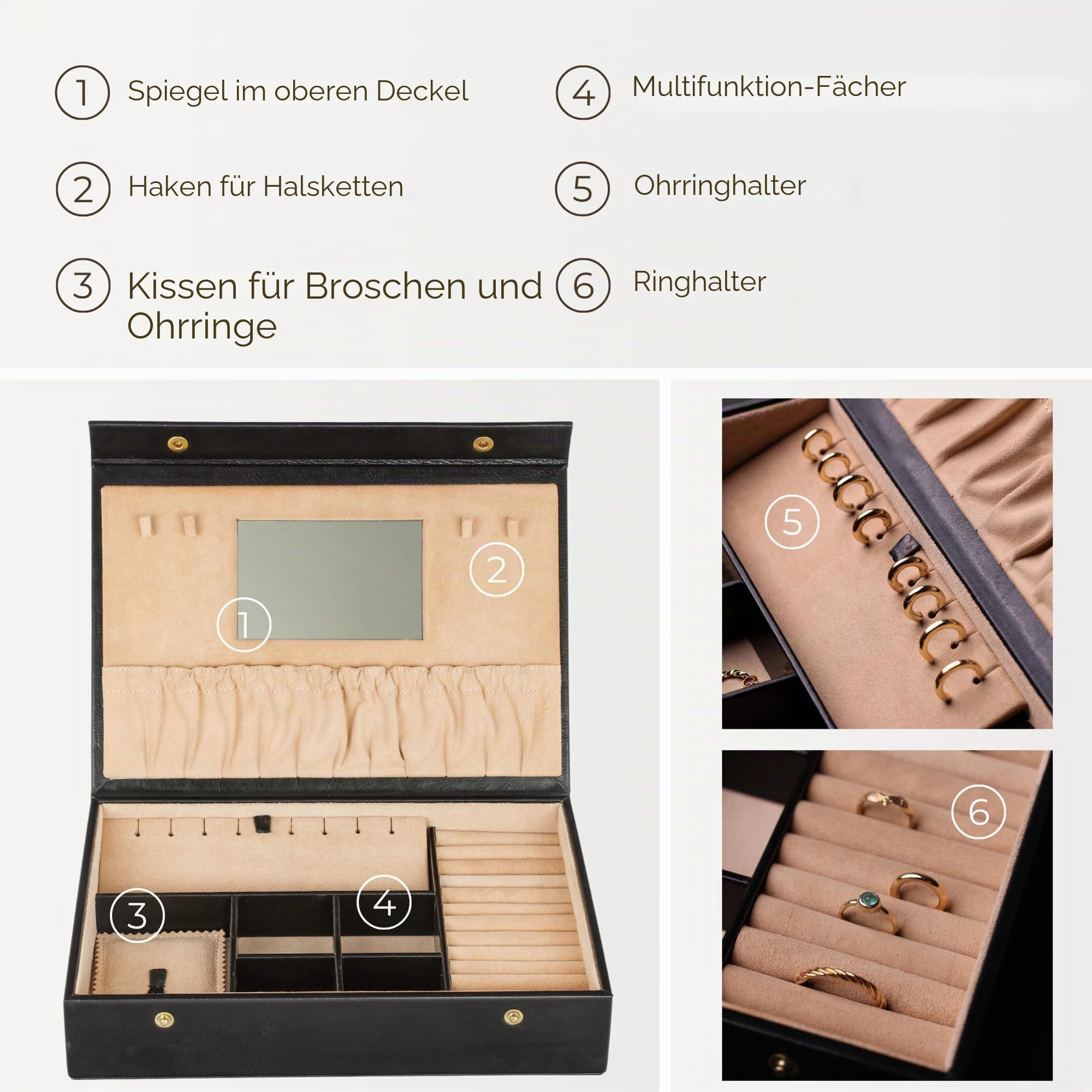 Time Resistance Leder-Schmuckkästchen Vollnarbenleder Schmuck Organizer Aufbewahrung von Accessoires