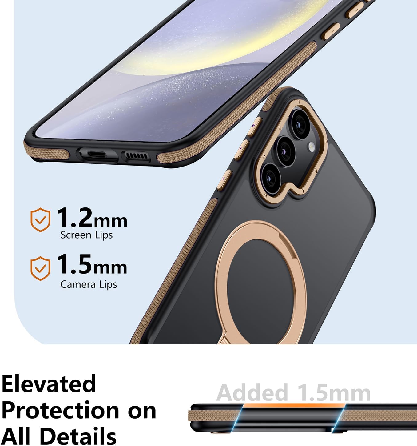 360°Spin Magnetic Stand with Silicone Strap for Samsung Galaxy S24 Case [Fit for MagSafe], Mil-Grade Shockproof Translucent Slim Phone Case with Kickstand&Ring Holder for S24 (Desert Gold)