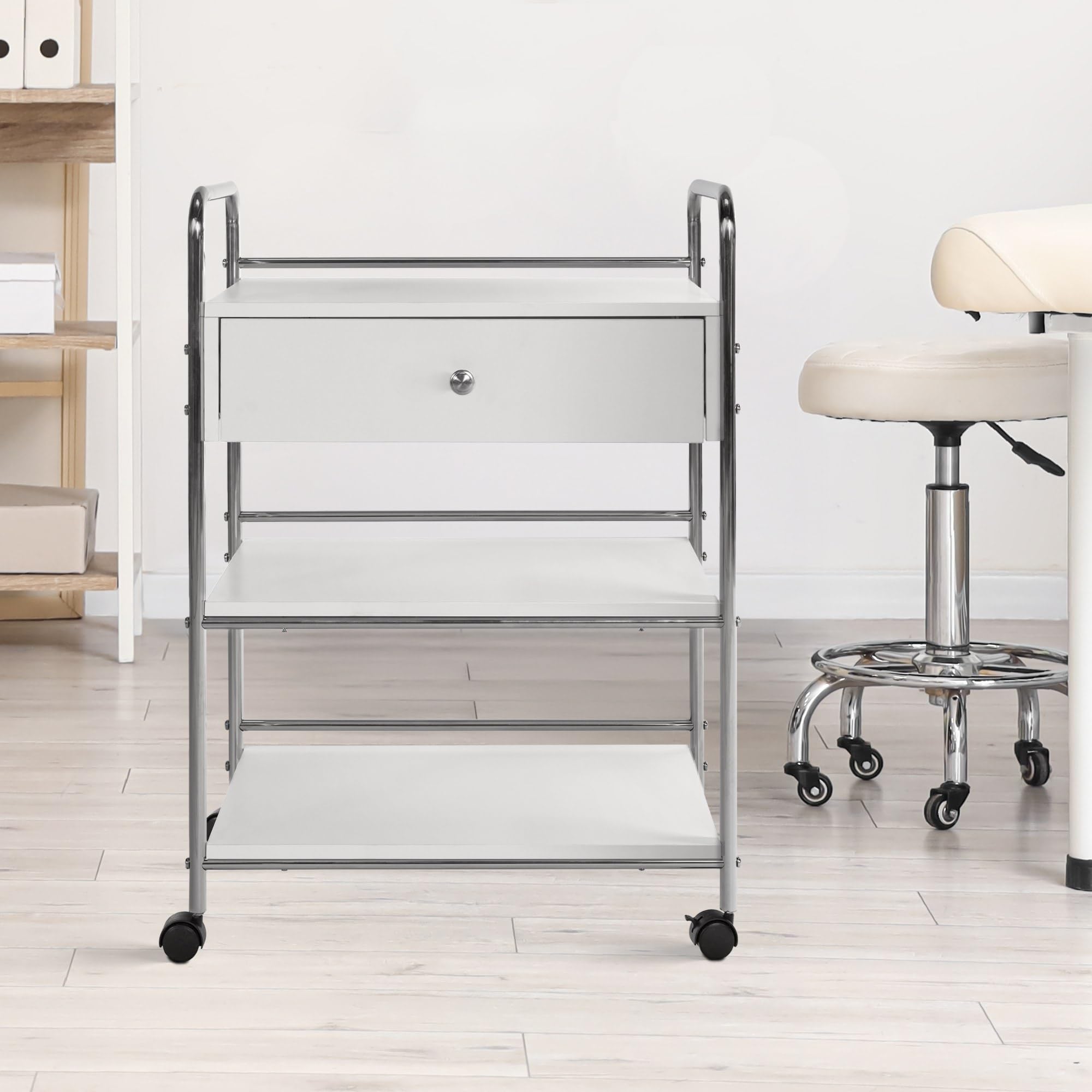 CLP Carrello PL912 I Carrello per attrezzature su rotelle I Carrello per cosmetici con cassetto e tre ripiani I Carrello multiuso, Colore:bianco
