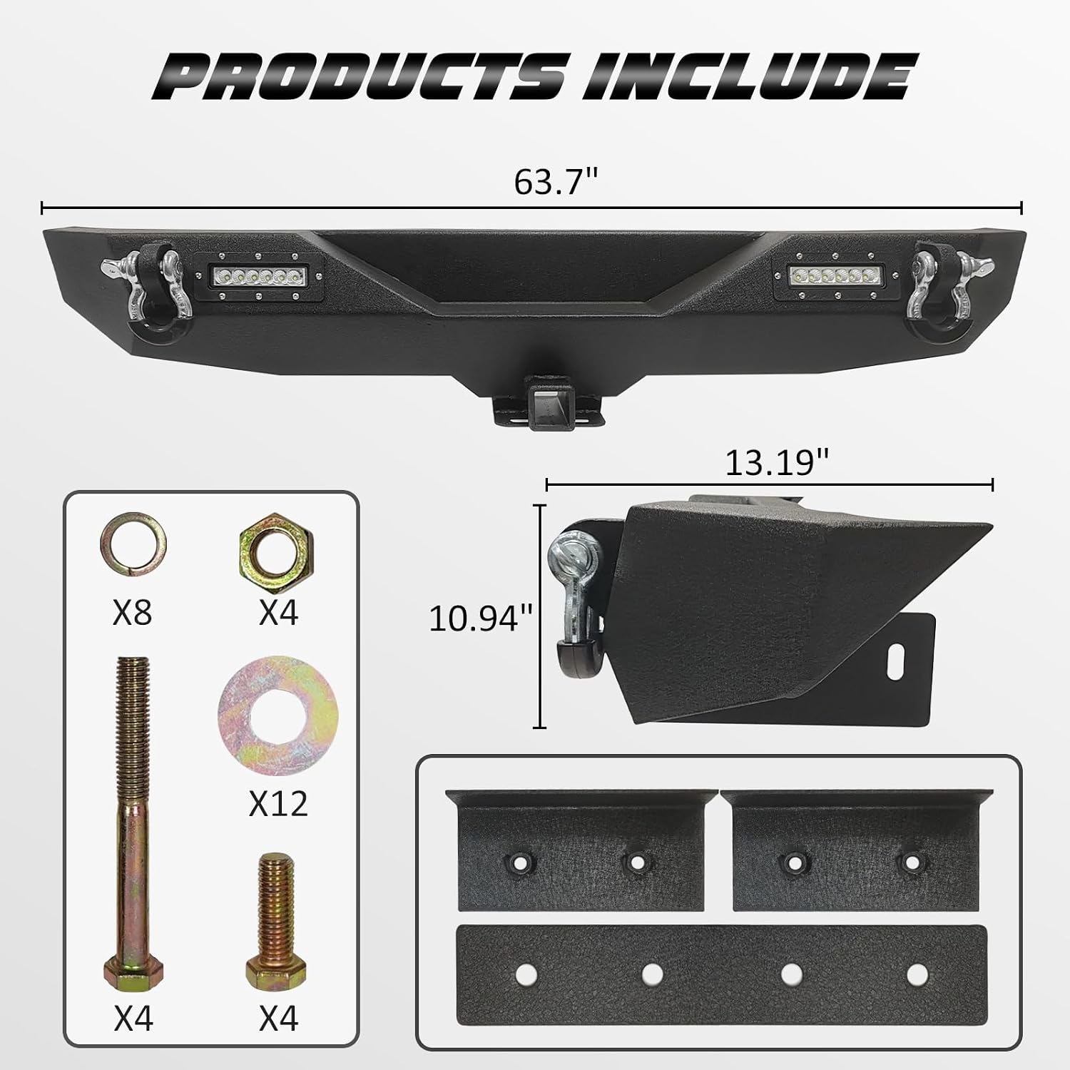 Rear Bumper Compatible with 2007-2018 Jeep Wrangler JK, Rock Crawler Bumper w/2" Hitch Receiver & 2 X 18W LED Lights & 2 X D-Rings, Textured Black