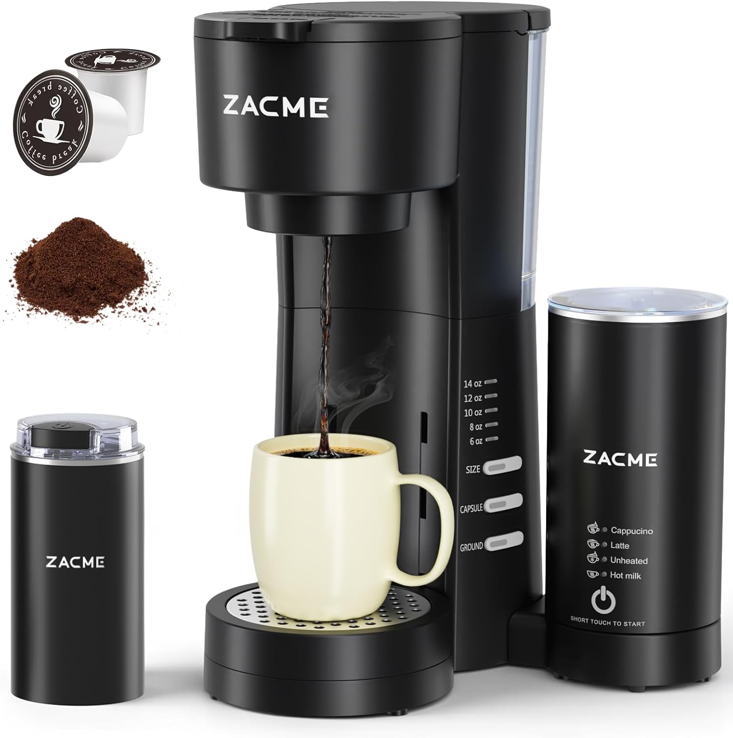 ZACME 4IN1 Single Serve Coffee Maker with Milk Frother & Grinder, Small Coffee Machine for K Cup & Ground, 28oz Water Tank, 6 to 14 oz Brew Sizes, Self-cleaning Function, Adjustable Drip Tray