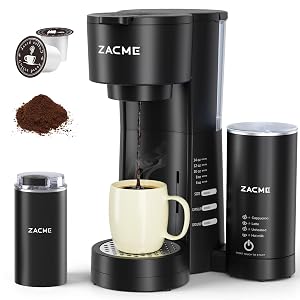 ZACME 4IN1 Single Serve Coffee Maker with Milk Frother Grinder Small Coffee Machine for K Cup Ground 28oz
