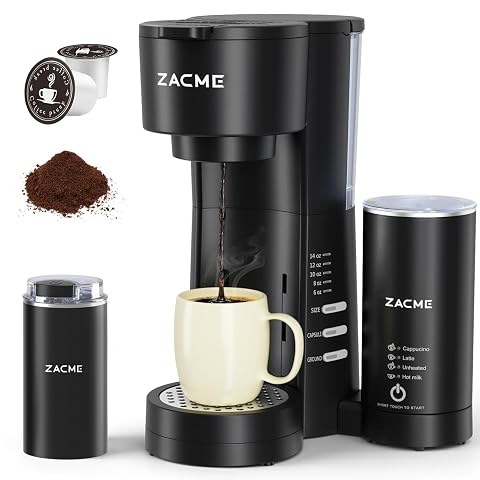 ZACME 4IN1 Single Serve Coffee Maker with Milk Frother Grinder Small Coffee Machine for K Cup Ground 28oz