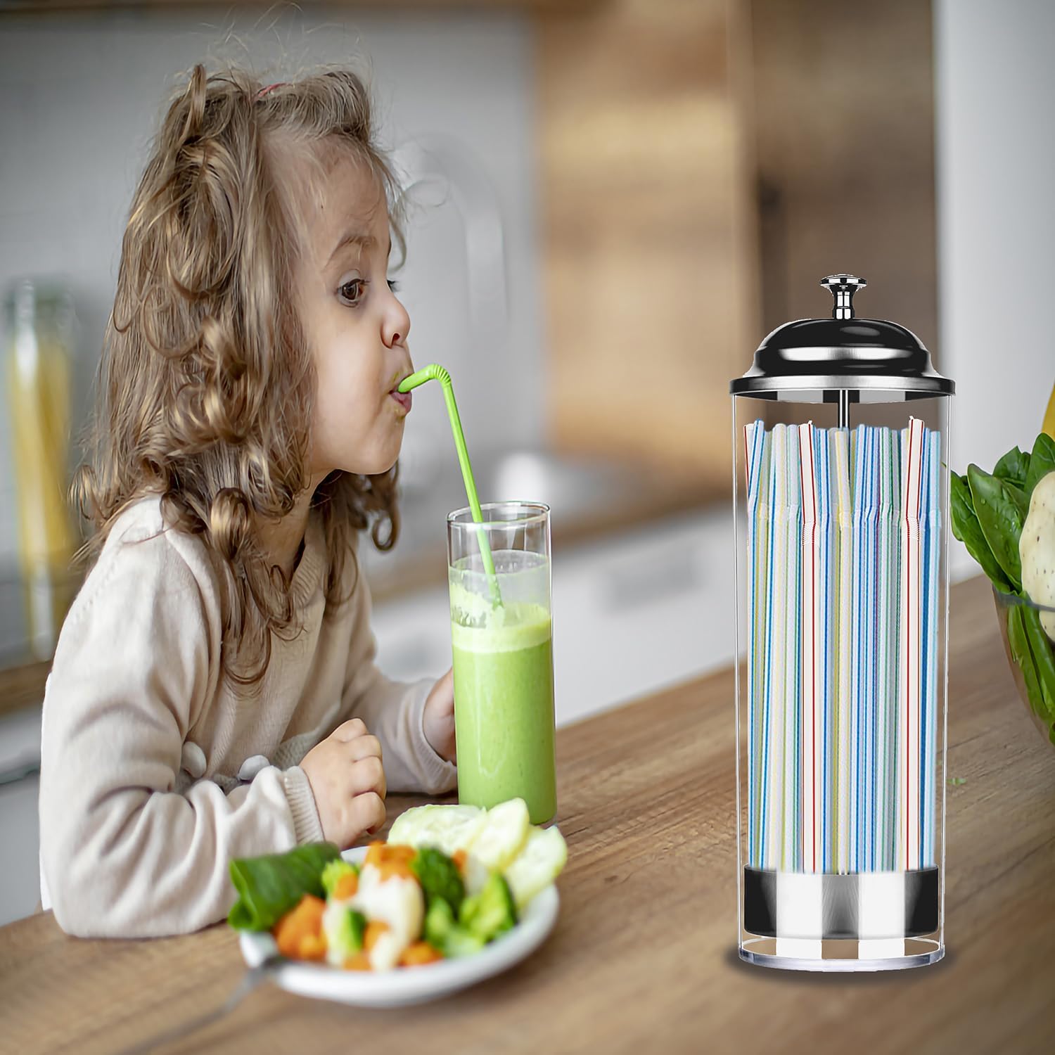 Straw Holder Dispenser 100 PCS Striped Straws Include - Clear Glass Drinking Straw Container with Stainless Steel Lid for Standard Straws, Straw Organizer for Kitchen (Bright Colors)