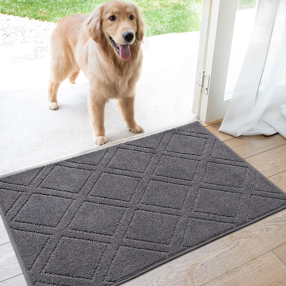 Dirt Trapper Inside Door Mat, Non-Slip Machine Washable Rugs for Entryway, Dog Mat, Shoes Scraper, Super Absorbent Area Rug for Muddy Wet Shoes and Paws, 24" x 35.5'', Gray