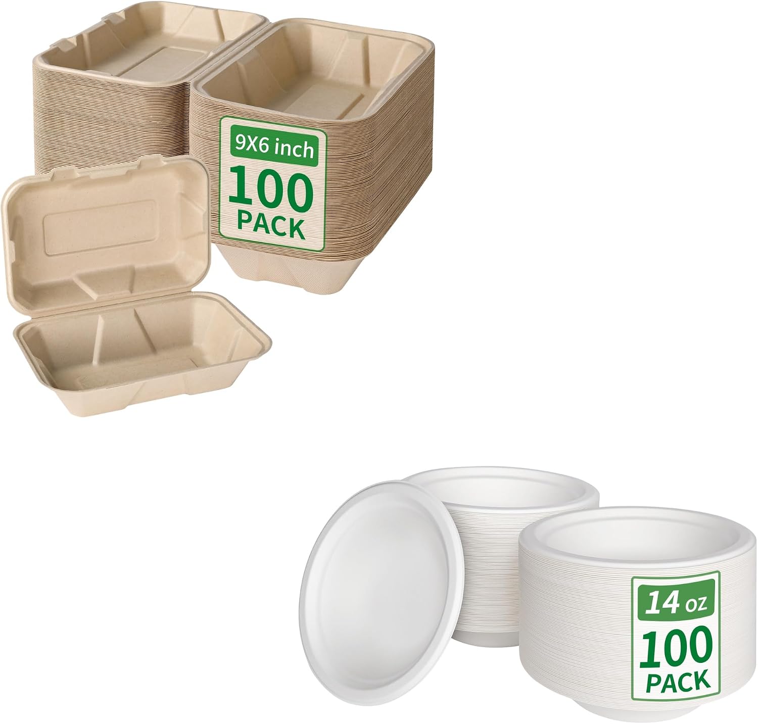 Aricsen 100 Pack 9×6 Inch Disposable Lunch Box Takeout Containers & 14 Ounce 100 Pack Disposable Round Paper Bowls