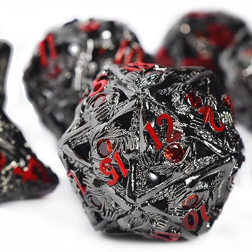 RULE DICE Metal DND Dice Set, 7pcs Hollow Jeweled Eyes Metal D&D Dice Set, 70 Natural Gemstones Hand-Set Collector's Grade DND Dice Set, Suitable for Role Playing Game D & D Dice (Golden and Ruby) - D-golden and Ruby