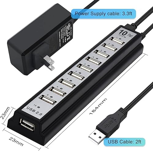 Miniatura 7 de Hub USB 2.0 alimentado, vienon 10 puertos USB Hub USB Extensor Splitter con luz indicadora LED individual para MacBook, PC, portátil, escritorio