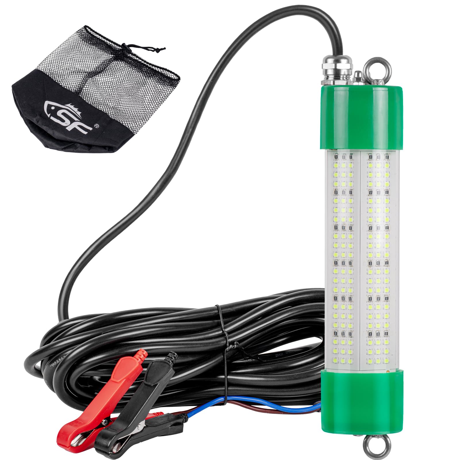 SF DC 12V LED Underwater Fishing Light 200W Fish Attracting Light 24000lm Green Fishing Submersible for Dock and Boats IP68 Waterproof 32ft with only Battery Clips to Provide Power