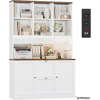 FirFurd B cherregal B cherschrank mit 2 T ren 2 Schubladen Steckdosenleiste Aktenschrank Mehrzweckschrank H ngeregistratur f r Dokumente in DIN A4- und Letter-Format 116x40x182cm