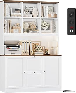 FirFurd Bücherregal Bücherschrank mit 2 Türen und 2 Schubladen, Aktenschrank Büroschrank Mehrzweckschrank mit Steckdose, Hochschrank für Wohnzimmer Arbeitszimmer 116x40x182 cm Weiß