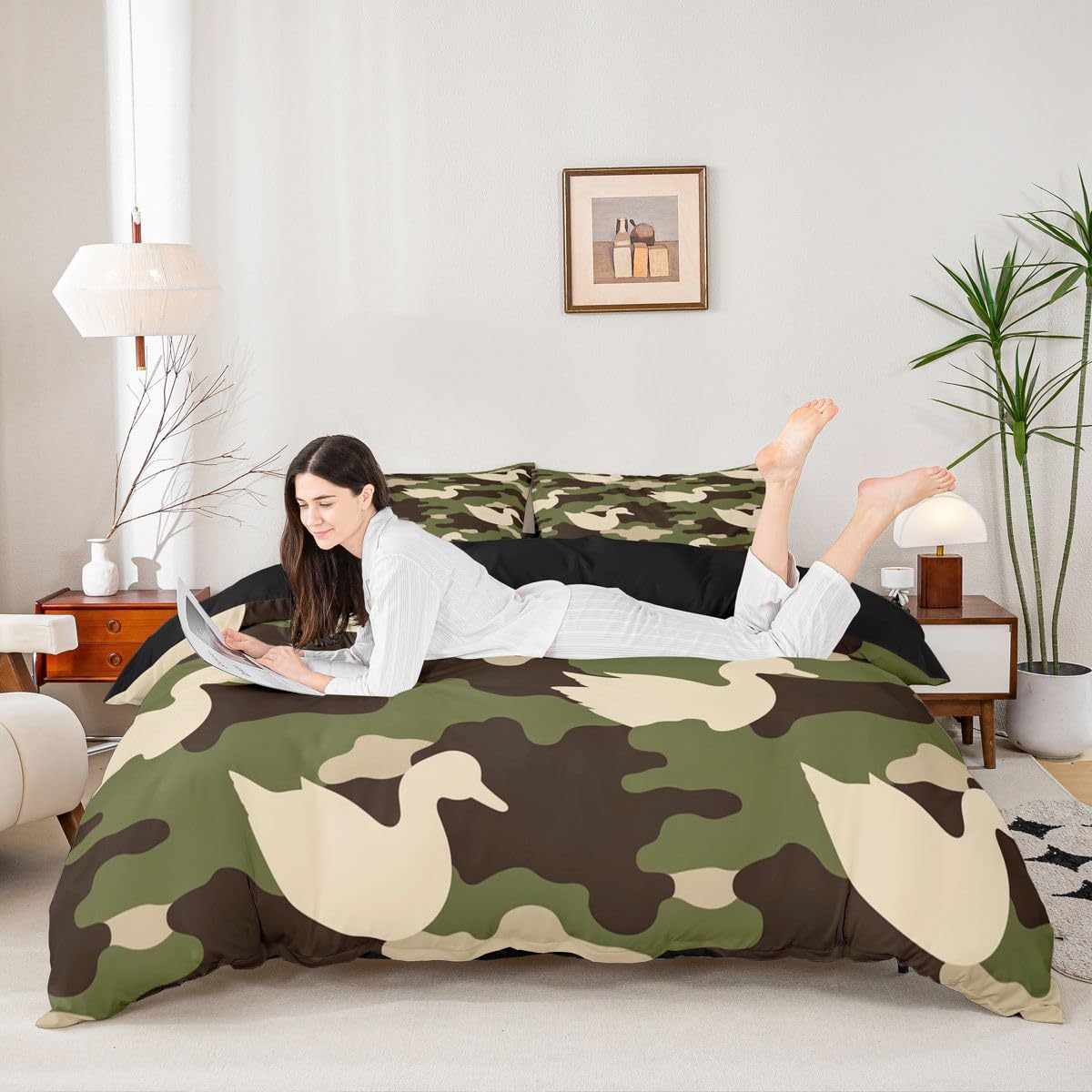 Homewish Wiejska kaczka moro king size zestawy poszewek na kołdrę dzika przyroda sylwetka krzyżówki pościel dla dorosłych nastolatków kobiet oliwkowa zieleń abstrakcyjny wzór wojskowa poszwa na kołdrę