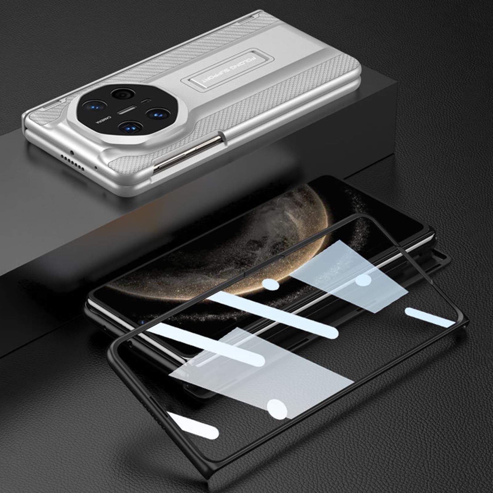 Ultra cienkie etui do HUAWEI Mate X6, odporne na wstrząsy etui ochronne z ukrytą podpórką, tekstura włókna węglowego, czarne, Mate X6