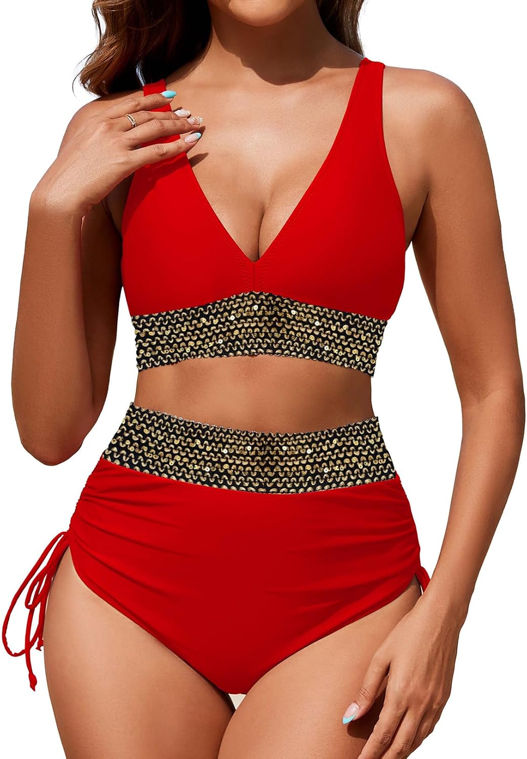 Zuvebamyo Women's High Waisted Bikini Sets Two Piece Tummy Control Swimsuit Color Block Bathing Suits