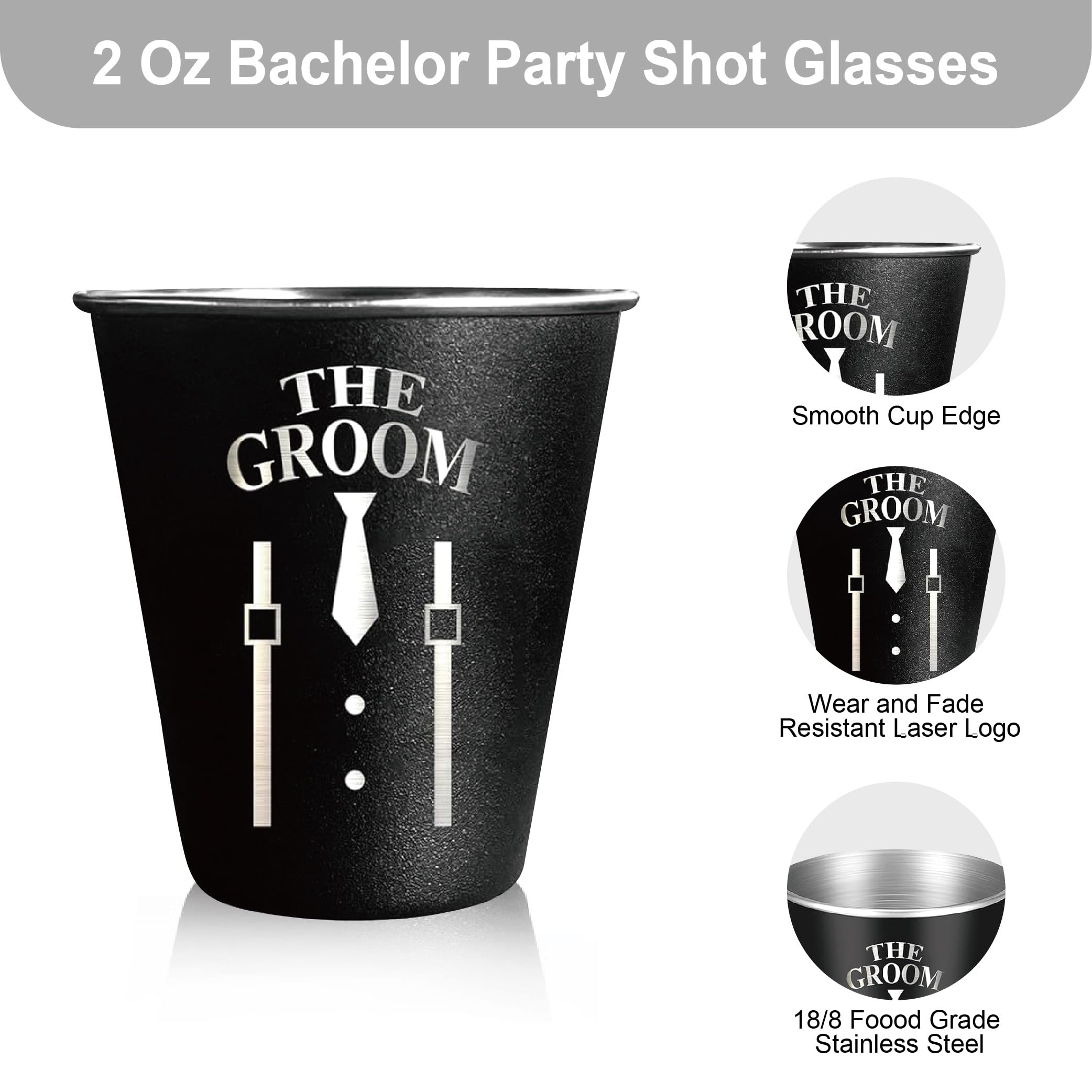 PartyGifts&beyond Bachelor Party Shot Glasses - 7-Pack Stainless Steel Groomsmen Glasses, 2 Oz, Black Matte - View #13