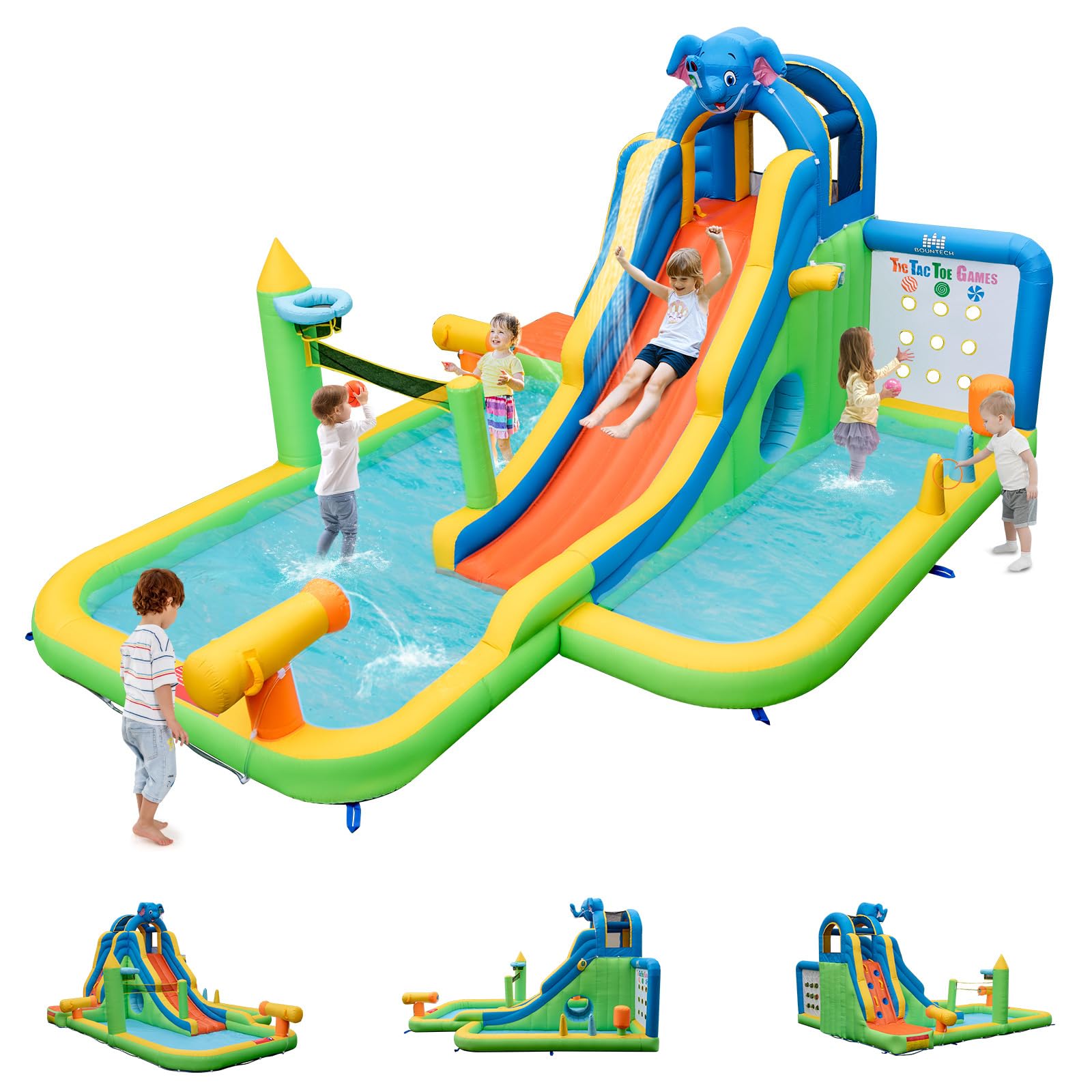 GOPLUS Château Gonflable Enfants Géant,Piscine,Mur d'escalade, Canons à Eau Basket-Ball Volley-Ball, pour Intérieur Extérieur Charge 45+45KG pour Enfants 3-10 Ans (Elephant, sans Souffleur)