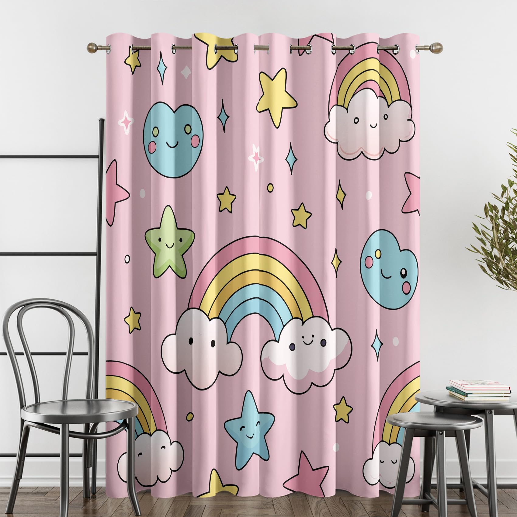 Rideau Occultant Arc-en-Ciel Rose Nuageux, Étoile Motif Rideaux Thermiques à Oeillets, Rideaux Imprimé pour Salon Chambre Fenetre Moderne Décoration, 140x200 cm (L x H), Lot de 2