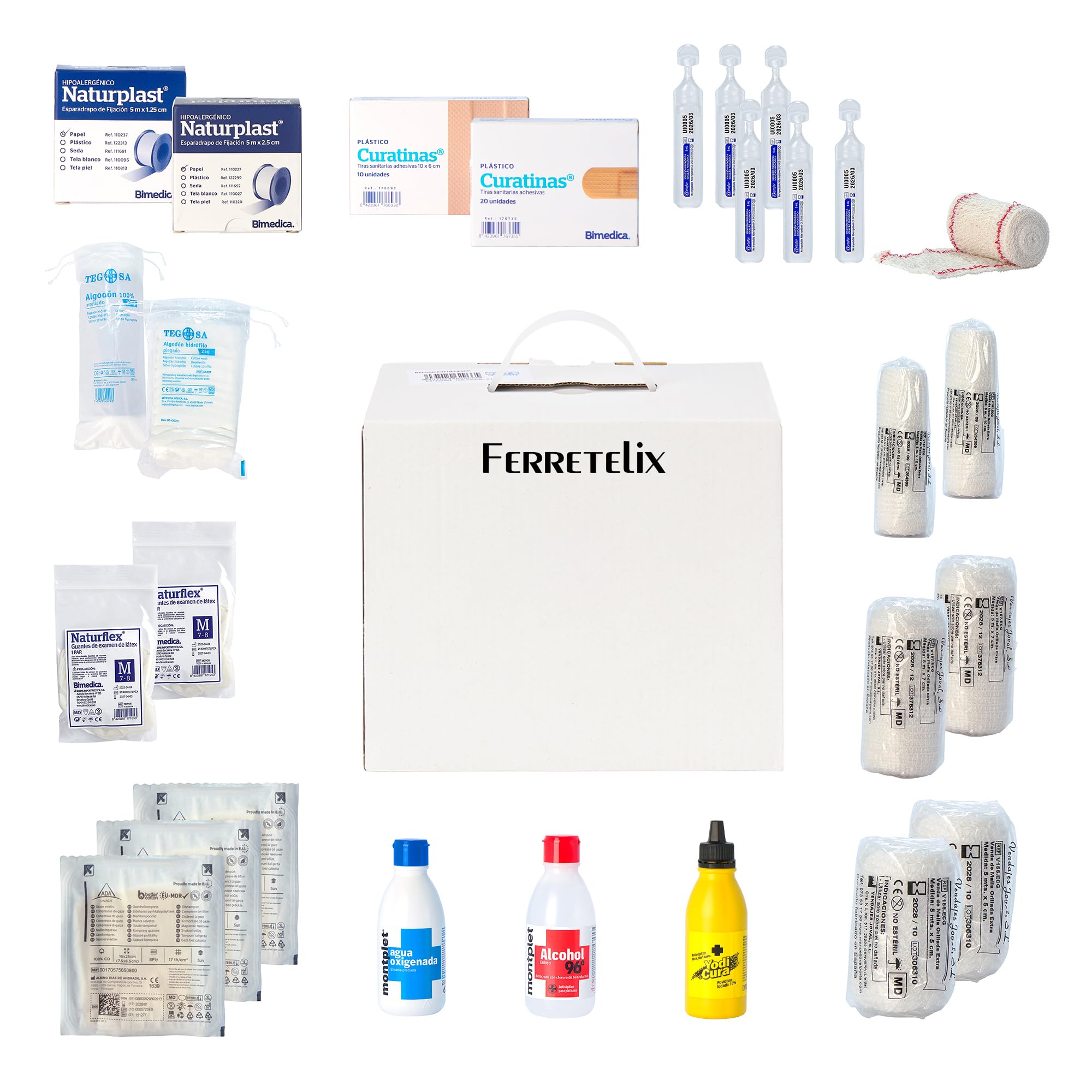 Ferretelix®, Kit reposicion Armario/maletin botiquin primeros auxilios con productos homologados cumpliendo la normativa CE Fabricado en España