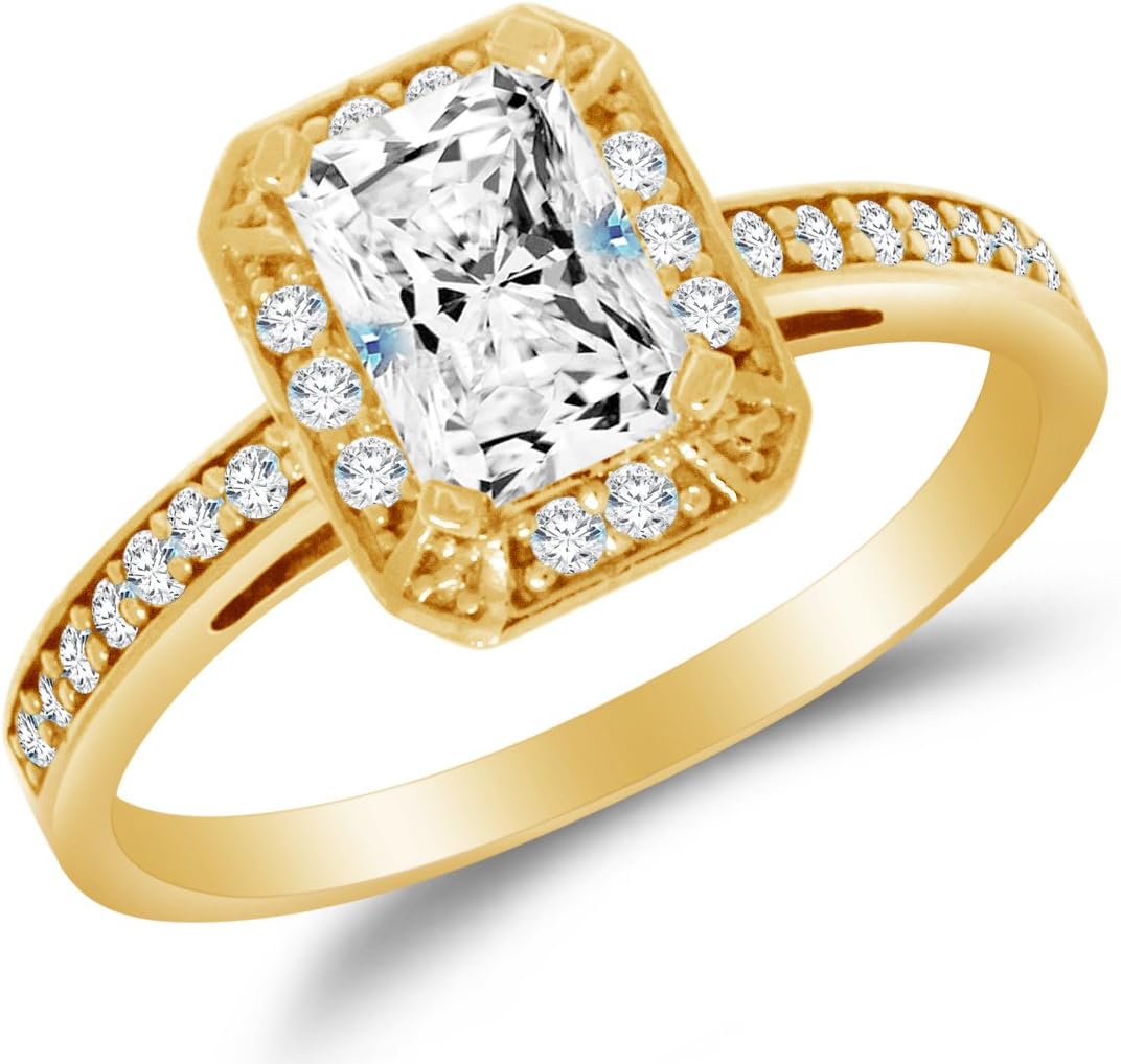 Solid 14k Yellow Gold CZ Cubic Zirconia Halo Engagement Ring - Emerald-Cut/Shape Solitaire with Round Side Stones (1.25cttw., 1.0ct. Center)
