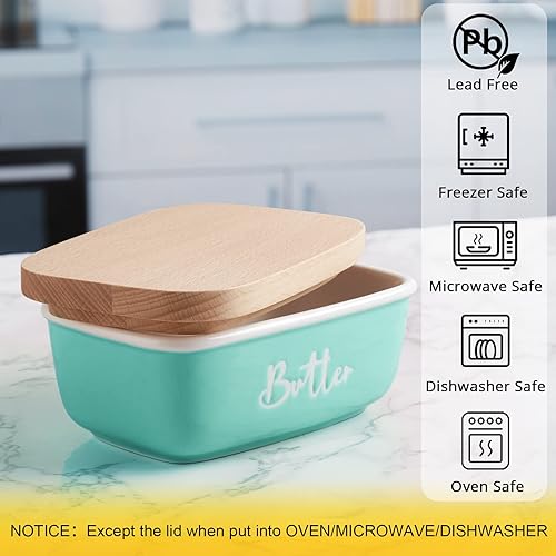 Miniatura 3 de ALELION Mantequera de cerámica turquesa con tapa, decoración de cocina turquesa y accesorios de cocina verde azulado para encimera, recipiente para