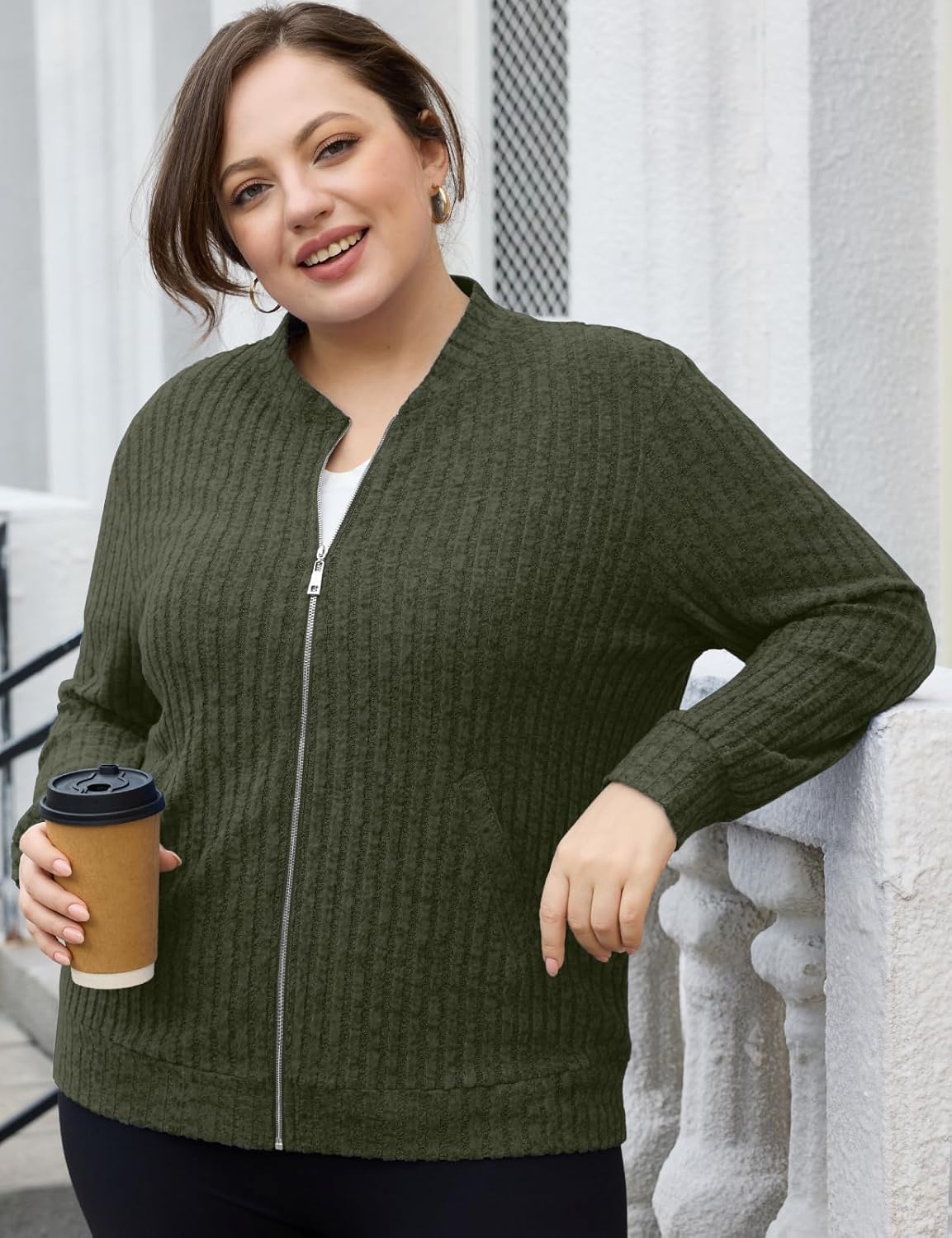 Plus Size Zip Up Sweaters for Women Casual Cardigan Sweater Long Sleeve Oversized Jacket with Pockets XL-5XL - Image 5