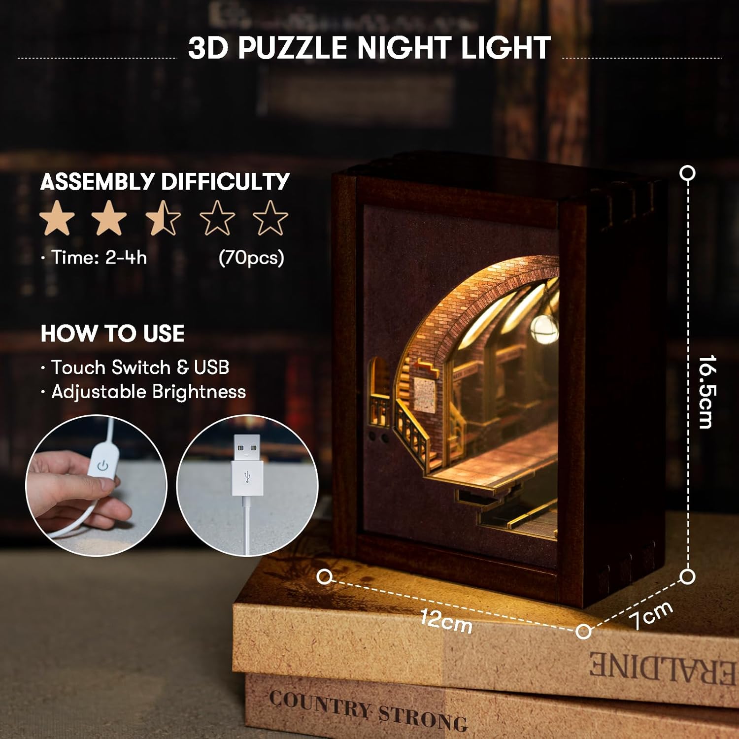 DIY 3D Wooden Puzzle Diorama, Baker Street Miniature Night Light, Model Building Kit with LED Light, Creative Craft Home Decor, Gift for Teens and Adults, Detective Station image 2