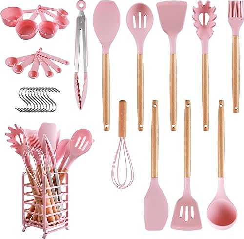 hecef Pink Combo, juego de 5 piezas de bloque de cuchillos de cocina con bloque de madera rosa, 32 piezas de utensilios de cocina de silicona, color