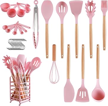 hecef Combo, 13 Pieces Kitchen Knife Block Set with Wooden Block Red, 32 PCS Silicone Cooking Utensils Set Pink