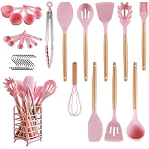 hecef Combo, 13 Pieces Kitchen Knife Block Set with Wooden Block Orange, 32 PCS Silicone Cooking Utensils Set Pink
