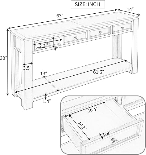 Miniatura 2 de Merax Mesa consola de entrada de granja con 4 cajones de almacenamiento, mesa de pasillo larga con estante de almacenamiento, mesa de sofá de 63