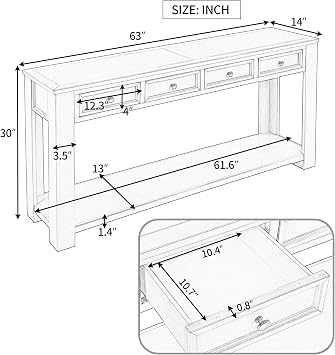 Merax Long Sofa Table with 4 Drawers and 1 Bottom Shelf, Gray Wash | 2 Tier Console Table with Storage, Solid Wood, for Entryway Hallway