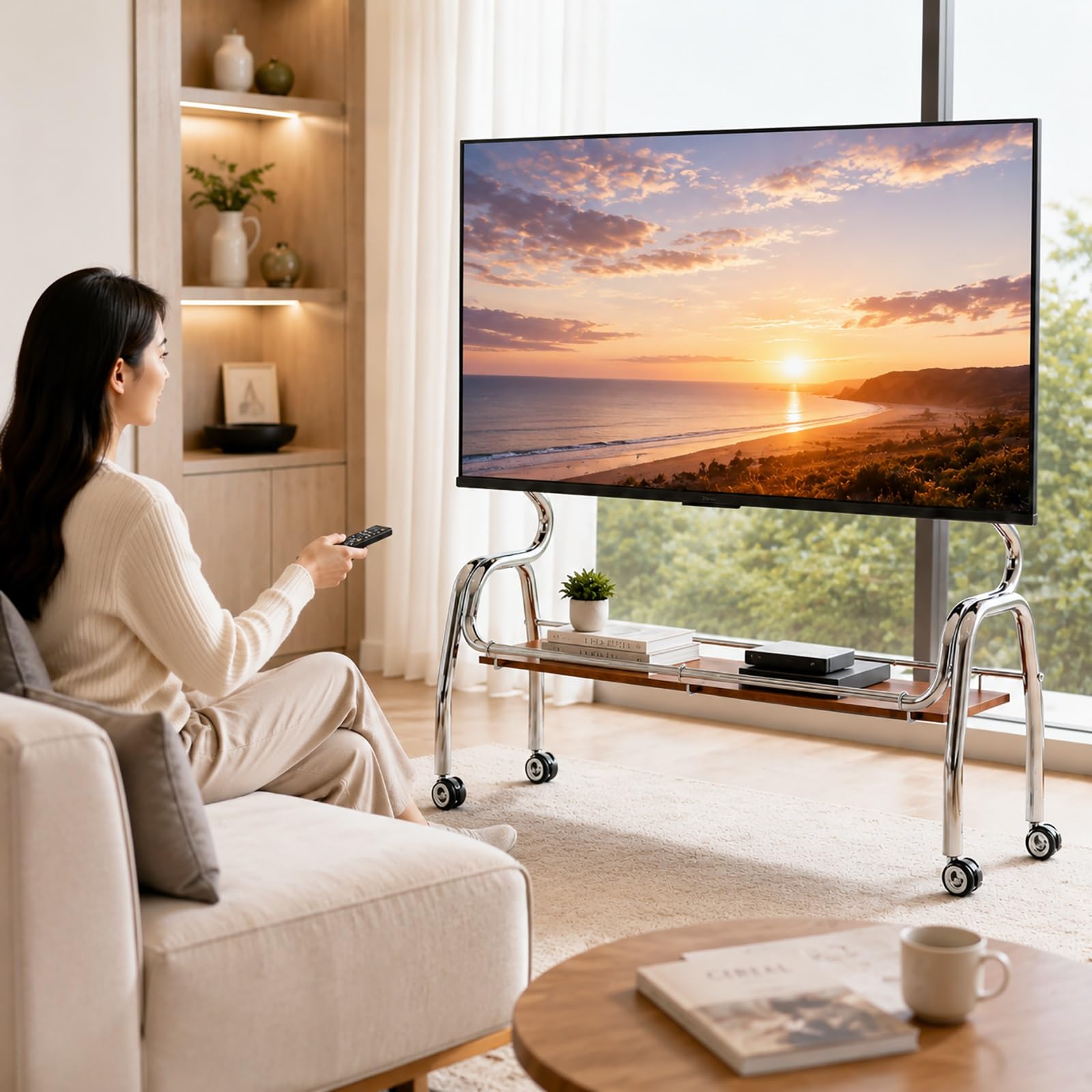 Supporto TV Mobile con Ruote, Supporto TV Spostabile | Ruote Girevoli Silenziose a 360° con Blocco, Ripiano Portaoggetti, Staffa Regolabile(Silver,120cm/47in)