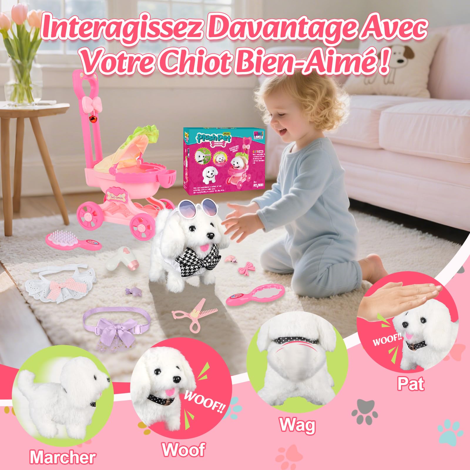 Charmofun Chien Interactif Jouet Enfant avec Poussette Jouet, Electronique Chien Qui Marche et Aboie avec Accessoires, Peluches et Animaux Interactifs Cadeau pour Fille 3 4 5 6 Ans