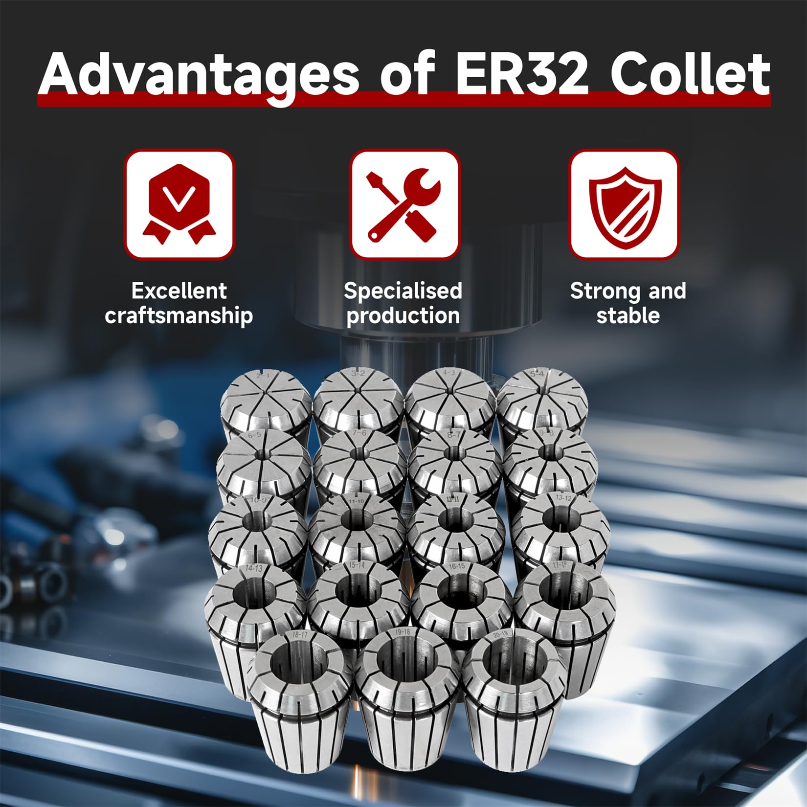 Zestaw tulei zaciskowych ER32 19 szt. Zestaw tulei zaciskowych ER32, zacisk sprężynowy, narzędzie do tokarki grawerującej CNC, 2-20 mm, pasuje do maszyny grawerującej CNC i frezarki tokarskiej