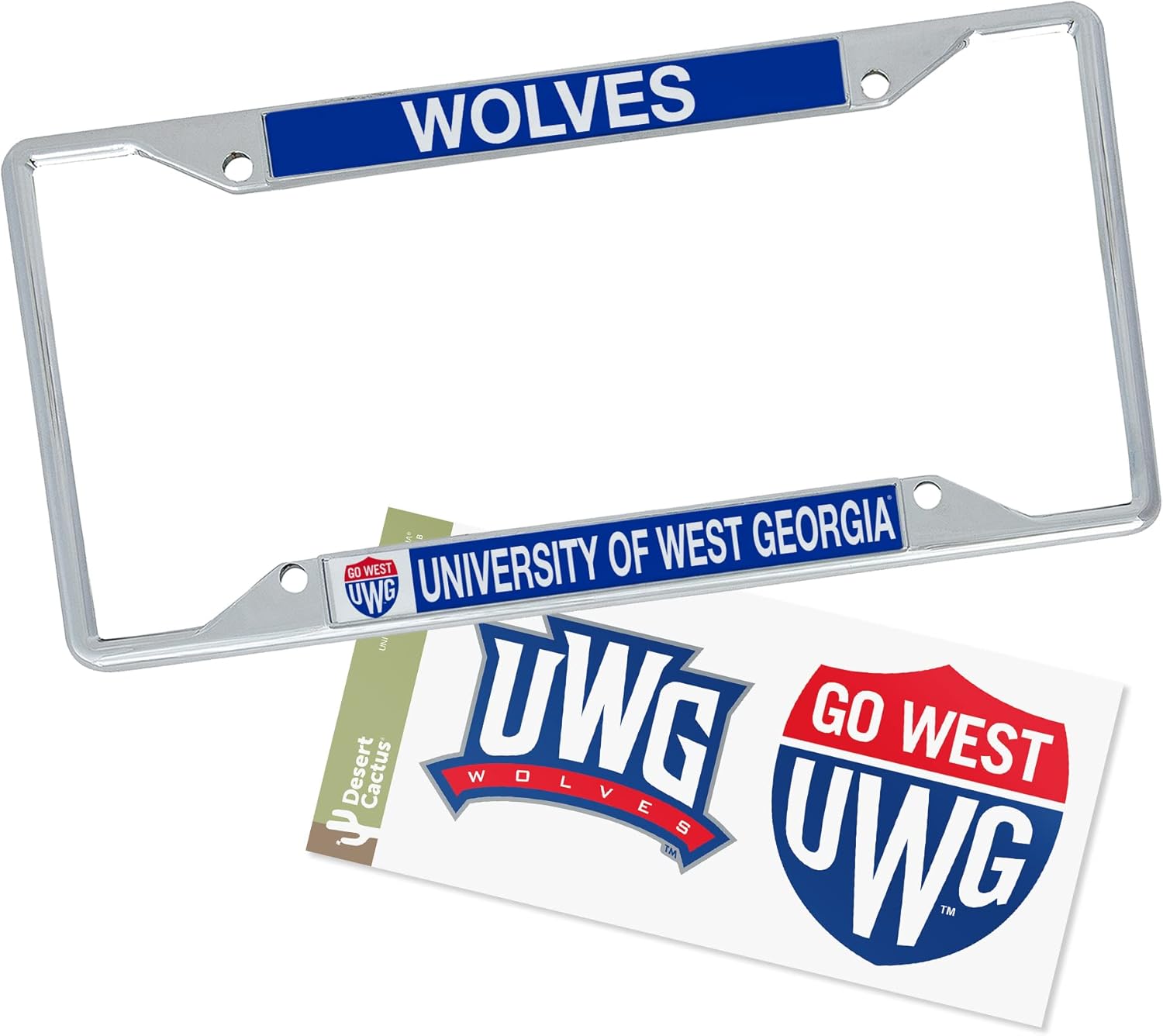 Desert Cactus University of West Georgia Car Accessories Metal License Plate Frame and Sticker for Front or Rear of Car (Sticker Frame Combo - Mascot)