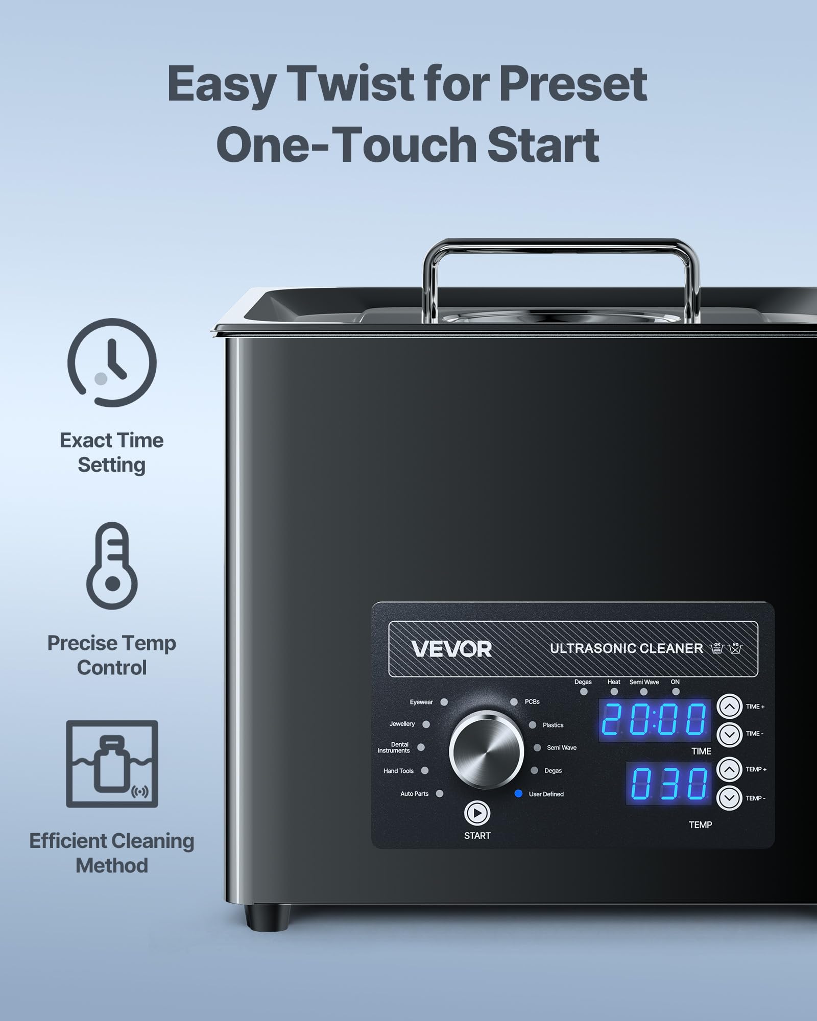 VEVOR Limpiador Ultrasónico 10 L, Máquina de Ultrasonido para Limpieza con Control de Perilla, de Acero Inoxidable, con Cesta y Bola de Limpieza para Relojes, Maquinillas de Afeitar, Joyas, Negro