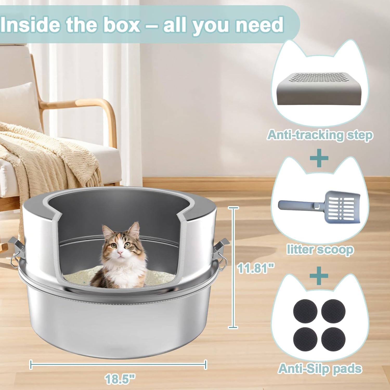 High Sided Low Entry Stainless Steel Round Cat Litter Box, Large Corner Litter Box for Big/Multi Cats,Metal Litter Box Includes Scoop & Filter Pedal,Odor Control，Easy to Clean