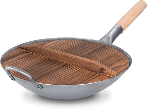 Craft Wok Wok de 14 pulgadas con tapa de madera, wok tradicional martillado a mano de acero al carbono con tapa, fondo redondo con asas de madera,