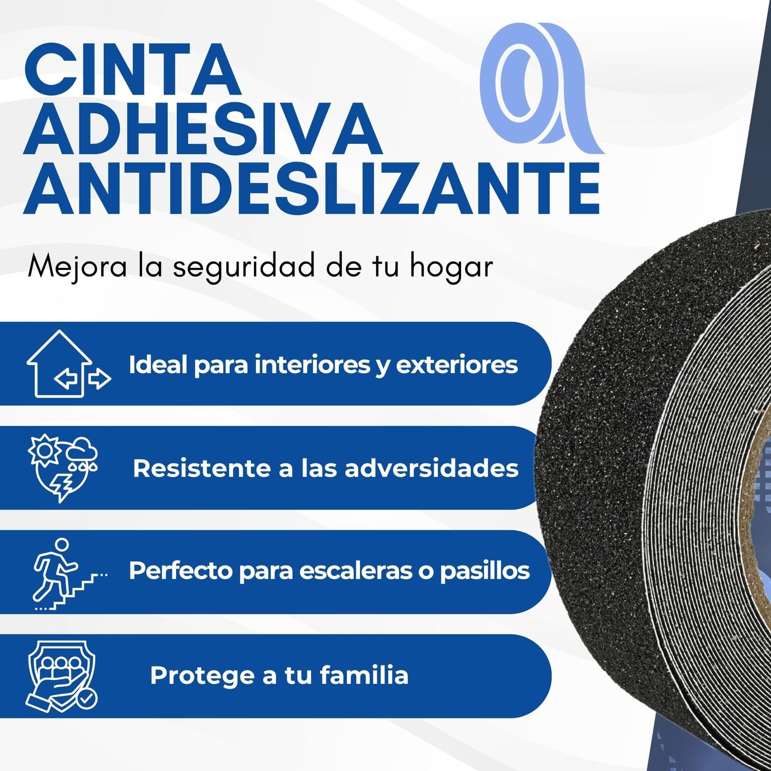 Cinta Antideslizante Escaleras Suelo Exterior 10 Metros | Cinta Antideslizante Seguridad Interior y Exterior | Rollos de 5cm x 10m o Luminiscente 5m x 5m (1 Cinta Antideslizante 5cm x 10m)