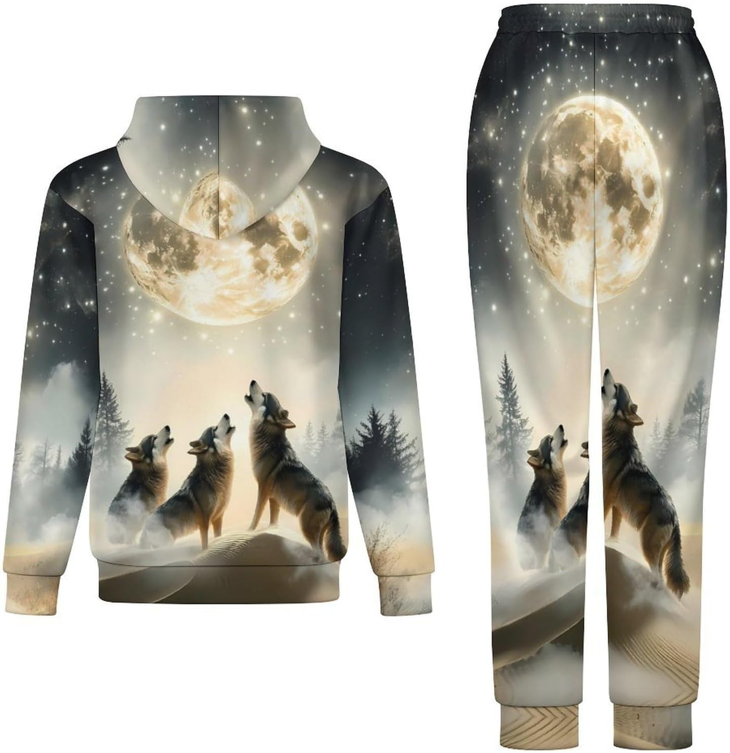 Wolf Howling to The Moon Adult 2 Piece Tracksuits Hoodie Sweatshirt And Joggers Sweatpants Sweat Suit Outfits