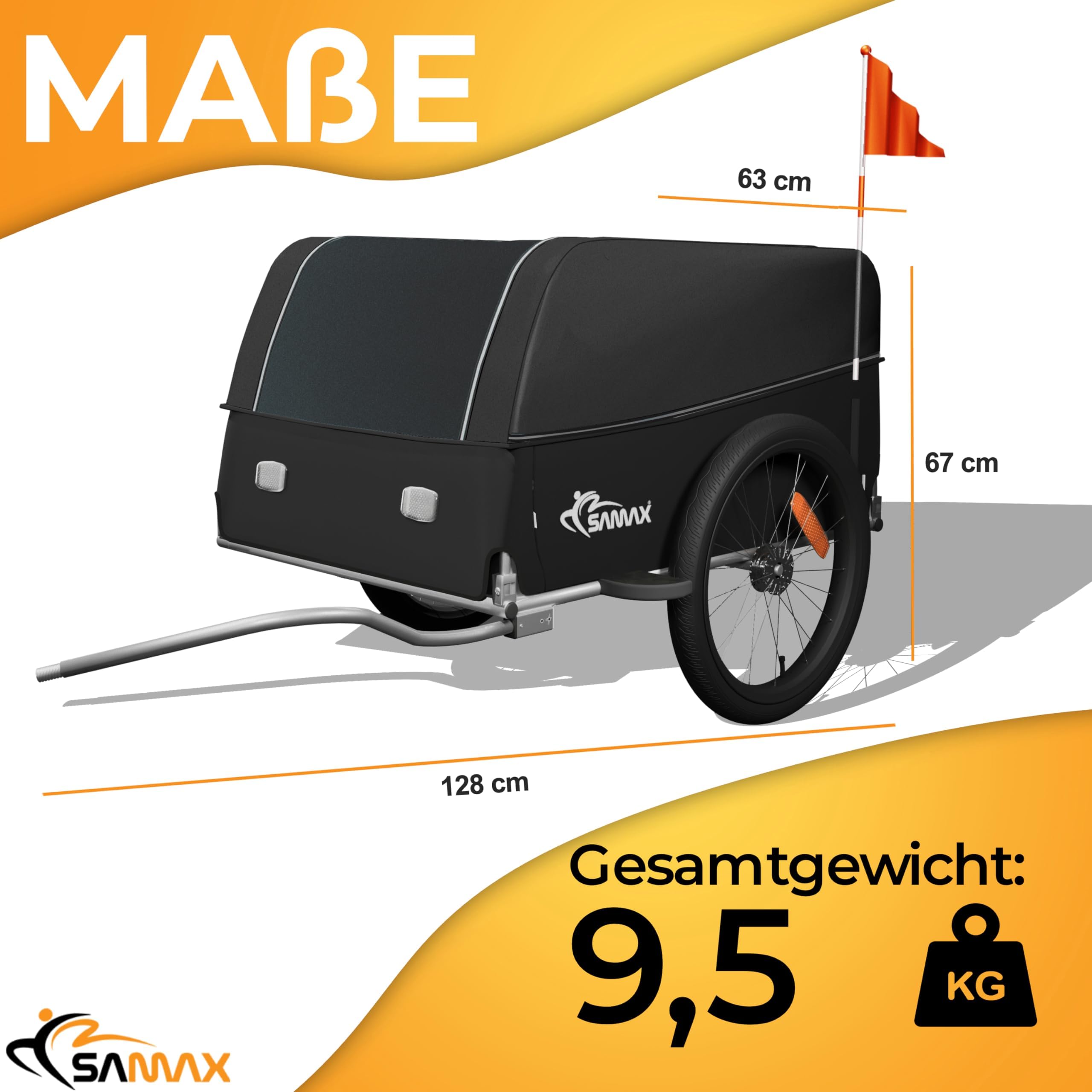 SAMAX Transportanhänger Fahrradanhänger Lastenanhänger Fahrrad Anhänger - mit Kupplung - 40 Kg / 120 Liter - Grey & Color Edition