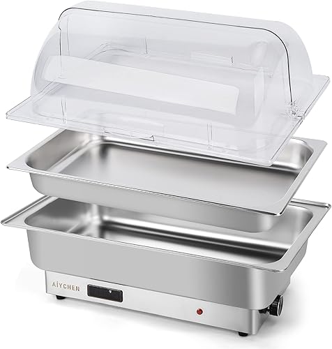 Miniatura 3 de Juego completo de chafers eléctricos de 10 cuartos de galón y calentadores de bufé con tapa enrollable de acero inoxidable de alta calidad con