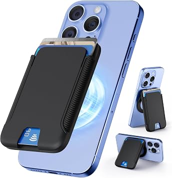 Senose Magnetic Phone Wallet, Compatible for Magsafe Wallet, Magnetic Card Holder with Adjustable Stand, Compatible with Mag-Safe iPhone 16/15/14/13/12 Series, 3 Cards Holder Black