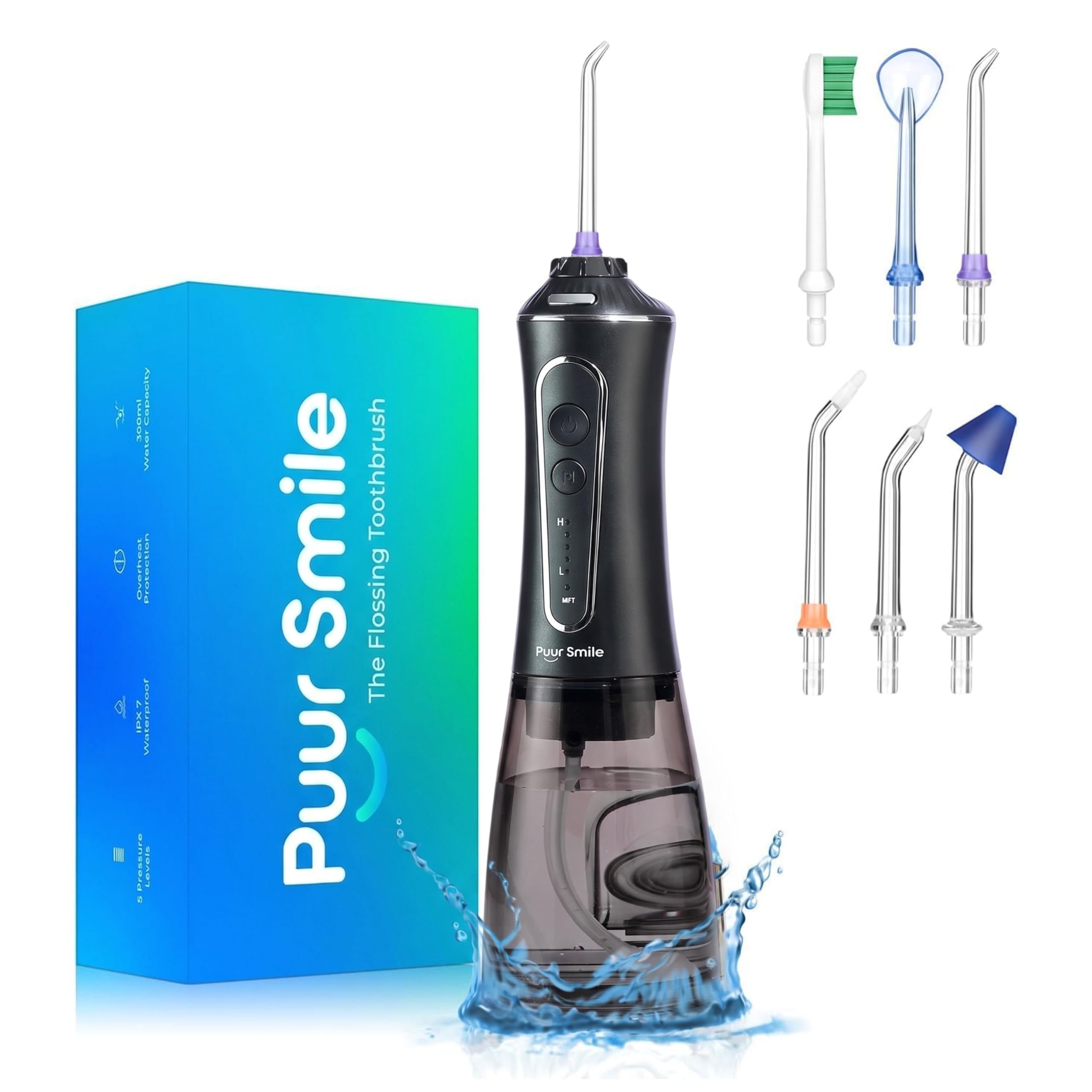 Puur Smile Professional Water Flosser - Advanced Dental Care for a Healthier Mouth, Gum, and Teeth - IPX7 Waterproof Oral Irrigator | 6 Replacement Tips, Travel-Friendly, Rechargeable - Oral Hygiene